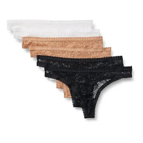 Amazon Essentials Damen Stretch-Höschen mit durchgehender Spitze in den Ausführungen Boyshort, Cheeky und Tanga, 6er Pack, Gewaschene Bronze/Schwarz/Weiß, 38