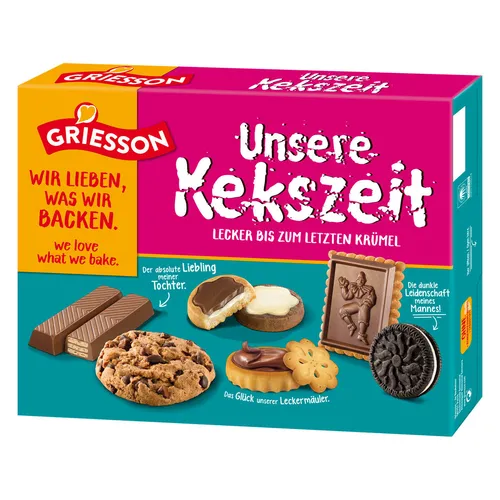 Griesson Kekse Unsere Kekszeit, 9 Sorten, 397 g - Vielfältige Gebäckmischung mit 9 köstlichen Sorten, ideal für Kaffee, Tee und Besprechungen. Genießen Sie die Kombination aus Milch-, Zartbitter- und weißer Schokolade!