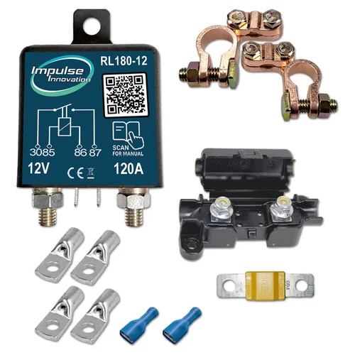 Trennrelaisset RL180-12 BASIC 12V 120A - Zuverlässiges Trennrelaisset mit Polklemmen und 60A Sicherung. Ideal für den professionellen Einsatz in Fahrzeugen und anderen Anwendungen. Robuste Qualität für langfristige Nutzung.