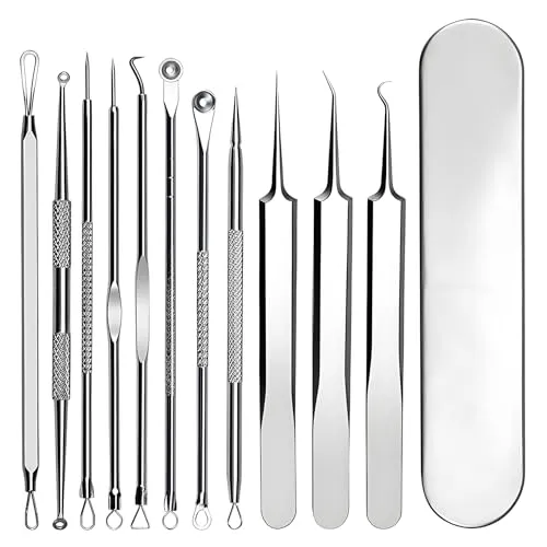 Rnitle 11 Stücke Mitesserentferner Komedonenquetscher Set,mit Metallgehäuse,Hochwertiger Edelstahl Akne Mitesser Entferner Extraktor Tools,Für Whitehead-Akne Auf Der Nase