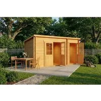 Alpholz Gartenhaus Maria mit Anbau, BxT: 450x279 cm - Gartenhaus aus nordischer Fichte, imprägniert in Pinie, mit robustem Pultdach und Leimholz-Tür. Ideal für zusätzlichen Stauraum im Garten.