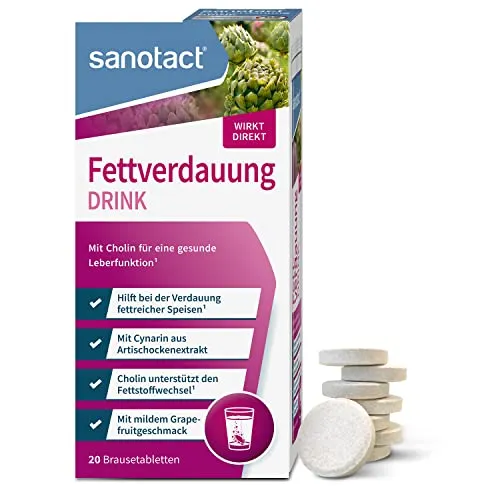 sanotact Fettverdauung Drink (20 Brausetabletten) • Artischocke mit Cholin für Fettstoffwechsel & Leberfunktion • Brausetabletten für eine schnelle Verdauung • Mit Grapefruit-Geschmack