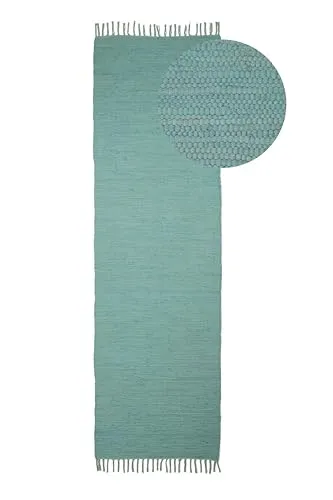 carpetfine Flickenteppich Kelim Chindi Uni Läufer Türkis 80x300 cm - Läufer aus 100% Baumwolle, handgewebt und pflegeleicht. Ideal für Wohnbereiche, verleiht mit Boho-Design Gemütlichkeit und ist auch für Fußbodenheizung geeignet.