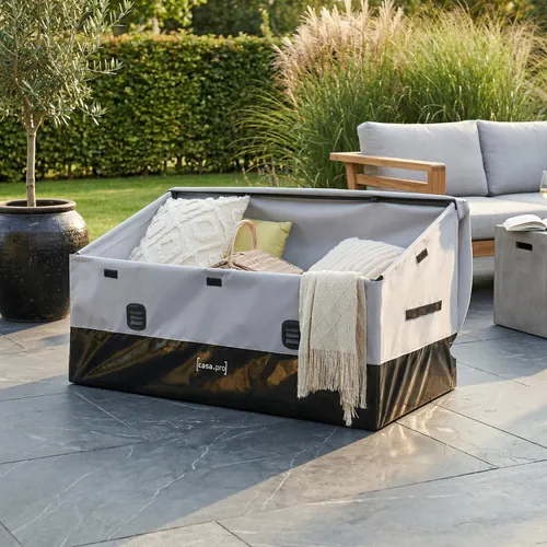 Auflagenbox 'Alanno' 560 L Stahl - Grau / Schwarz - Geräumige Aufbewahrungsbox für Garten und Balkon mit 560 L Volumen. Wetterfest und robust, bietet sie optimalen Schutz für Kissen und Gartenzubehör. Schneller Aufbau durch Stecksystem und praktische Tragegriffe.