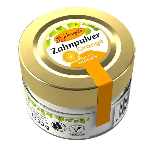 Birkengold Zahnpasta Zahnpulver - Orange Glas 30g - Zahnpasta für Kinder, plastikfrei und ohne Mikroplastik. Mit Xylit für gesunde Zähne, im umweltfreundlichen Glastiegel. Zertifizierte Naturkosmetik für sanfte Zahnpflege.