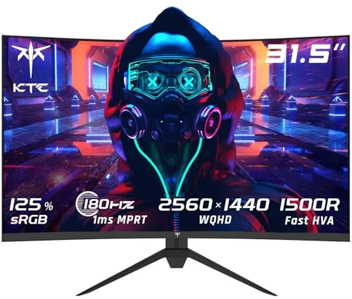 KTC Gaming Monitor 32 Zoll Curved, 180Hz, QHD 2K 2560 x 1440p, 1ms, HDR10, Freesync & G-sync, VA 1500R PC Bildschirm, 125% sRGB, Blaulicht Reduktion, VESA, DP 1.4 180Hz, HDMI 2.0 144Hz, USB, H32S17