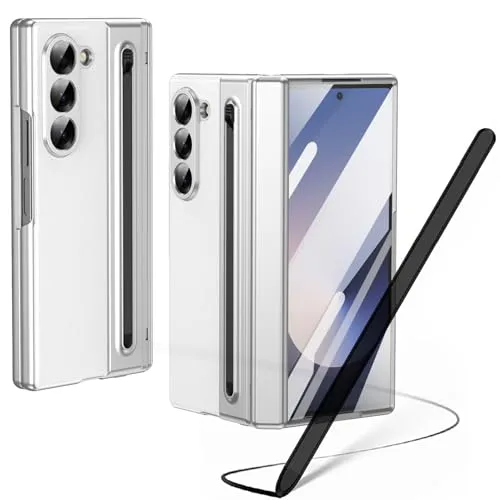 Hülle für Galaxy Z Fold6 mit Stylus Pen, Z Fold 6 Cover mit Displayschutzfolie vorne + S Pen-Steckplatz, Lederhülle für Samsung Galaxy Z Fold6 mit Scharnierschutz-Weiß