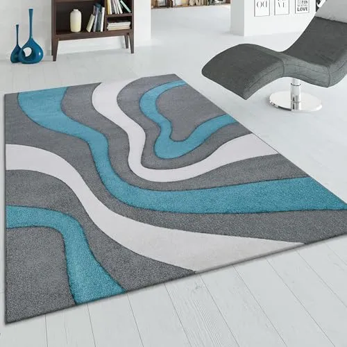 Paco Home Designer Teppich Modern Abstrakt Wellen Optik Konturenschnitt In Versch. Farben und Größen, Grösse:60x110 cm, Farbe:Türkis