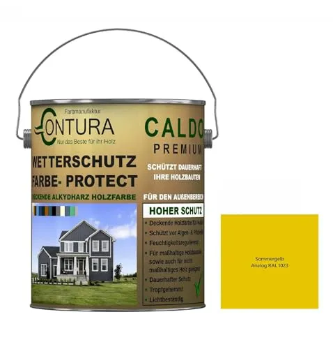 Contura Wetterschutzfarbe 500ml. Holz Dauerschutzfarbe Deckend Buntlack Holzfarbe Holzlasur Seidenmatt (Sommergelb - RAL1023 Analog)