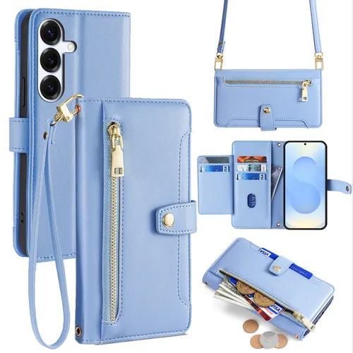 Handykette Samsung Hülle mit Band PU Leder Umhängetasche Galaxy S25 in Hellblau