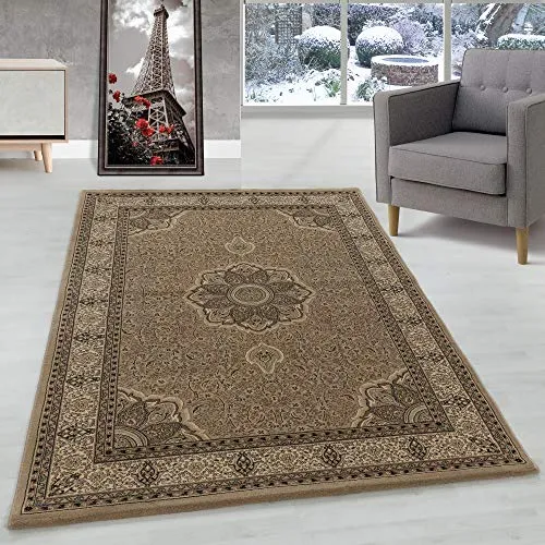 Orient Teppich Wohnzimmer Orientalisch Design Klassisch Optik Kurzflor Pflegeleicht, Farbe: Beige, Größe: 80 x 150 cm
