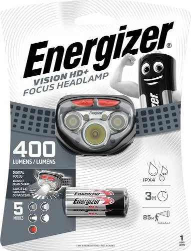 Energizer Vision HD+ Focus LED Stirnlampe 400lm - Stirnlampen mit 400 Lumen, schwenkbarem Kopf und 50h Laufzeit. Ideal für Outdoor-Aktivitäten, wasserdicht (IPX4) und mit fünf Beleuchtungsmodi, inklusive Nachtsicht.