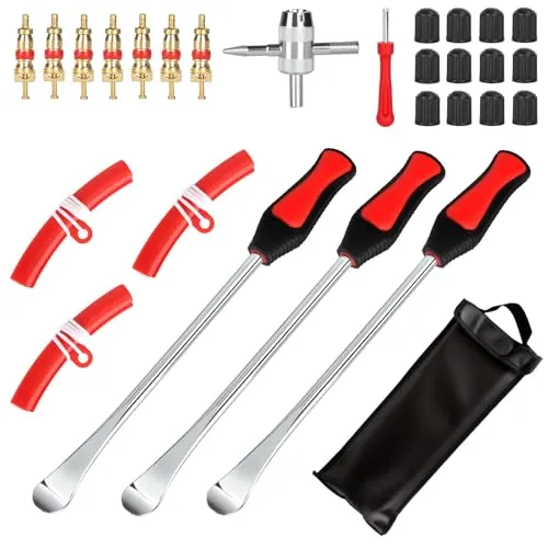 BBWELL Reifenheber Reifen Montiereisen 28pcs Anzüge,Rad Felge Protektoren Tool Kit,Reifen Montage Werkzeug,3 Reifen Hebel Werkzeug Löffel,12 Reifenventilkappen,Für Motorrad/Fahrrad/Wagen Reifen