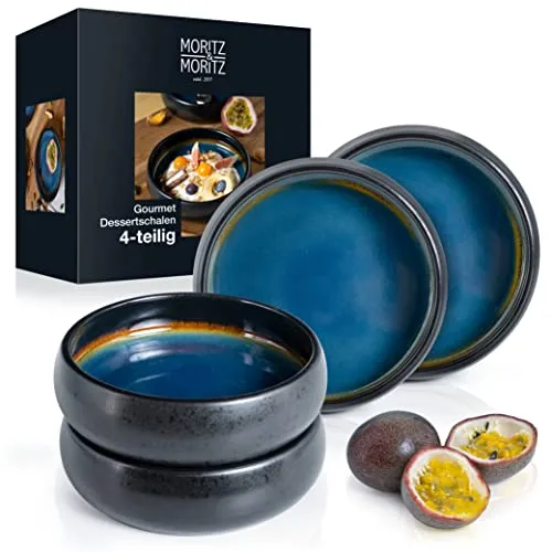 Moritz & Moritz SOLID 4x Kleine Schalen - 300ml - Dessertschalen Set aus Steinzeug, ideal für vielseitige Speisen wie Dessert, Snack oder Suppe. Mikrowellen- und spülmaschinengeeignet, stilvolles Design in Blau-Braun und Mattschwarz.