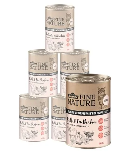 Dehner Fine Nature Katzenfutter - Getreidefreies Nassfutter für ausgewachsene Katzen - Dosenfutter für Katzen, 100 % Lebensmittelqualität mit Kalb und Truthahn, angereichert mit Leinöl und Taurin, ohne Farb- und Konservierungsstoffe für eine gesunde Ernährung.