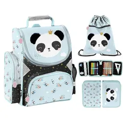 Schulranzen Set 3 teilig Tornister Mädchen Panda - Türkis/Blau