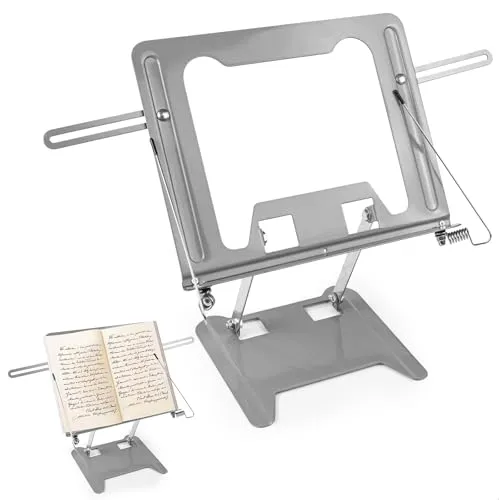 Buchständer Faltbarer, Leseständer, Book Stand, Bücherständer mit Elastischen Seitenclips, Kohlenstoffstahl, Um 43 cm Verbreitern, Verstellbarer Buchhalter für Bücher, Kochbücher, Tablets