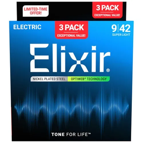 Elixir Strings E-Gitarrensaiten - 3er-Pack Super Light 9-42, mit OPTIWEB-Beschichtung für brillanten, langlebigen Ton und geschmeidiges Spielgefühl