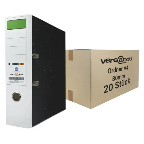 versando 20x breiter Premium Ordner DIN A4 Rücken 8cm Aktenordner Ringordner - Blauer Engel zertifiziert - weiß (1 Karton)