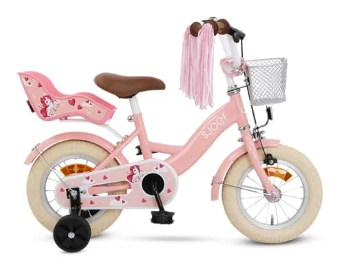 SJOEF Dolly Kinderfahrrad 12-16 Zoll - Rosa für Mädchen - Hochwertiges Kinderfahrrad mit abnehmbaren Stützrädern, geeignet für Kinder ab 2 Jahren. Sicheres Fahren durch doppelte Bremssysteme und anpassbare Lenkerhöhe.