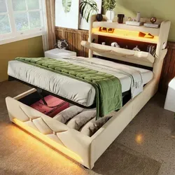 MODFU  Polsterbett 90x200 Ohne Matratze, Jugendbett Kopfteil mit Stauraum,Stauraumbett mit USB und Typ C-Port & LED-Beleuchtung,Beige - Beige