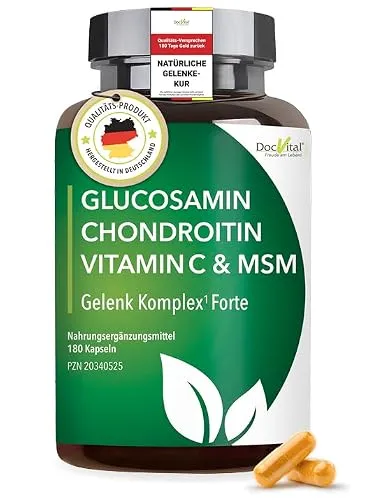 DocVital® Glucosamin Chondroitin MSM Kapseln hochdosiert, 180 Stück | Gelenkkapseln mit Hyaluronsäure, Vitamin C & Kurkuma, für Gelenke & Knorpel, Made in Germany