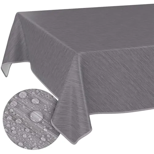 Tischdecke abwaschbar Wachstuch Wachstuchtischdecke Gartentischdecke Leinen-Optik Pflegeleicht Wasserabweisend 140 x 120 cm (Rechteckig) Grau mit Saum