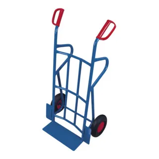 Variofit Stahlrohrkarre mit Luftbereifung - Robuste Sackkarre mit 250 kg Tragkraft, pulverbeschichtet in RAL 5010, ausgestattet mit innovativen Sicherheitsgriffen und langlebiger Luftbereifung für optimalen Transport.