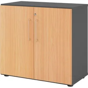 Hammerbacher Regal mit Türen 2OH 928T2 - Büroschrank in Graphit/Buche, abschließbar mit 110° Öffnungswinkel, ideal für sichere Aufbewahrung und platzsparendes Design.