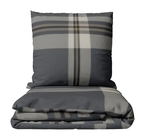 Leonado Vicenti Feinbiber Bettwäsche Kariert in Grau & Beige 135x200 cm + 80x80 cm Kissenbezug mit verdecktem Reißverschluss