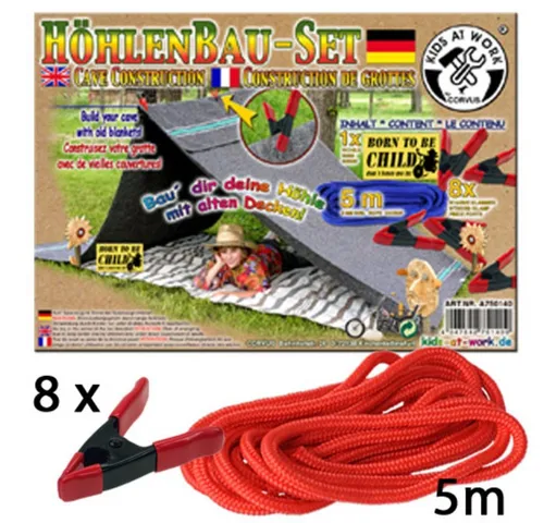 Corvus A750140 - Kids at work Höhlenbau-Set - Kunststoffspielzeug für kreative Kinder: Mit 5m Seil und 8 Halteklammern zum Bau von Höhlen oder Zelten, ideal für stundenlangen Spielspaß drinnen und draußen.