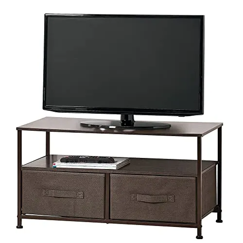mDesign TV Board mit Ordnungsboxen – schmaler Fernsehtisch mit Ablage und 2 Stoffkörben – modernes TV Möbel für Fernseher, DVD-Player und Spielekonsole – espressobraun