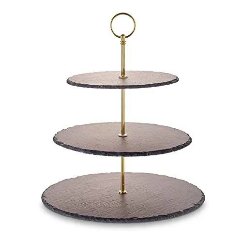 Schiefer Etagere 3-Stöckig - gold - Haushalt: Stilvolle 3-stöckige Etagere aus Naturschiefer mit Metallgriff, ideal für elegante Präsentationen von Gebäck, Obst und Desserts.