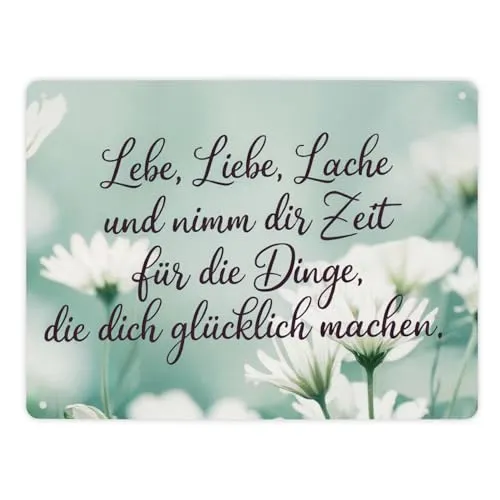 Lebe Liebe Lache - Glücklich sein Metallschild XL in 21x28 cm pastellgrünes Metallschild XL in 21x28 cm mit handgeschriebenem Text und Blumen