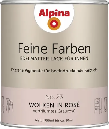 Alpina Feine Farben Lack No. 23 Wolken in Rosé edelmatt 750ml - Edelmatter Innenlack in traumhaftem Graurosé, ideal für einen perfekten Verlauf und strapazierfähige Oberflächen. 2in1: Grundierung & Lack in einem, geeignet für Kinderspielzeug.