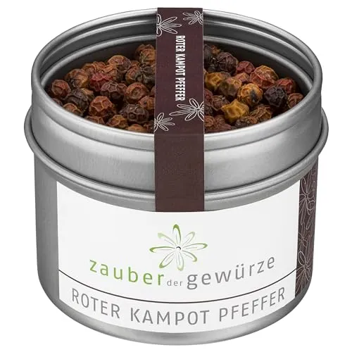 Zauber der Gewürze Echter Roter Kampot Pfeffer - rote Pfefferkörner aus Kambodscha für Wild, Geflügel und Fisch, Top-Qualität in wiederverschließbarer Aroma-Dose, 70 g