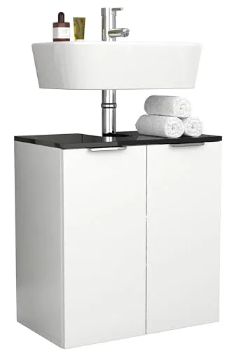 VCM Holz Waschbeckenunterschrank | Badschrank | Maße: H. 60 x B. 56 x T. 34 cm | 2 große Drehtüren - Donali Weiß/Schwarz