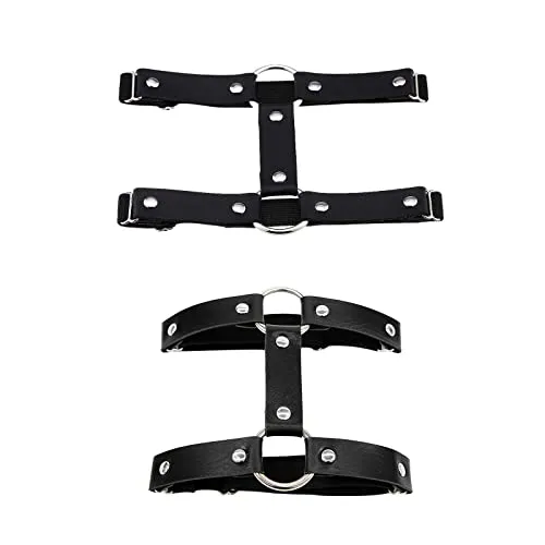 HXHWKEN 2Pcs Leder Strumpfband Oberschenkel Ring Verstellbar Gothic Strumpfband Punk Harness Suspender Verstellbare für Frauen Mädchen Damen Schwarz