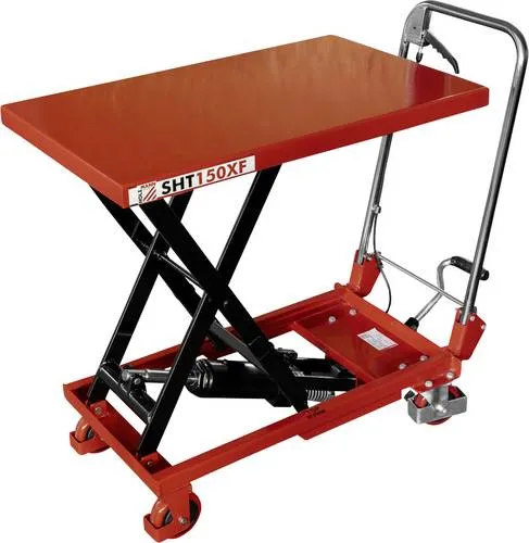 Holzmann Scherenwagen Hubtischwagen SHT150XF - Transportgeräte & Rampen - Ergonomischer Hubtischwagen mit hydraulischem Fußpedal, klappbarem Bügel und zwei Lenkrädern für müheloses Rangieren.