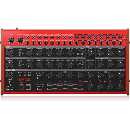 Behringer Spice - Semi-modularer polyrhythmischer Analogsynthesizer mit zwei analogen Oszillatoren und 16 Patchbay-Anschlüssen für erweiterte Klangmöglichkeiten. Ideal für kreative Musiker und Klangdesigner.