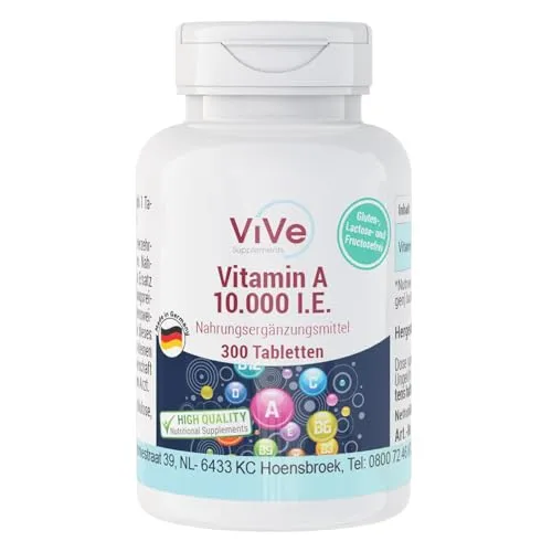 Vitamin A 10.000 I.E. - 300 Tabletten - 3000μg - Retinylacetat - Hochdosiert - Bioverfügbar - Qualität aus Deutschland - ViVe Supplements