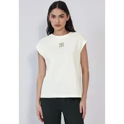 T-Shirt STREET ONE STUDIO, Damen, Gr. 44, weiß (sanftes weiß), Web, 95% Baumwolle, 5% Elasthan, unifarben, normal normal, Rundhals, Umschlagbund, Shirts T-Shirt, mit leichten Raffungen an den Seiten