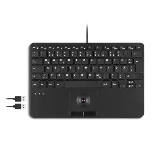 Perixx PERIBOARD-526 H DE USB Tastatur - Kabelgebundene Mini-USB-Tastatur mit Trackball und 2 integrierten USB-Hubs, ideal für platzsparendes Arbeiten und effiziente Nutzung.