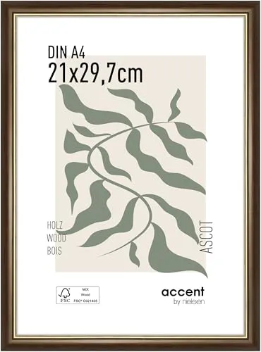 accent by nielsen Bilderrahmen, 21 x 29,7 cm (A4), Holz, Braun, Dokumentenrahmen zum Aufhängen im Hoch- & Querformat, Echtglas, Ascot