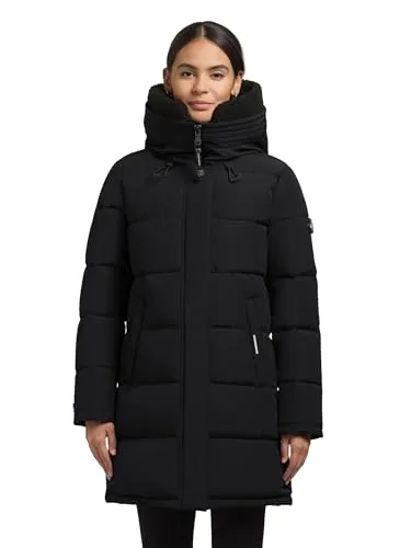 khujo Damen langer Wintermantel warmer Steppmantel mit abnehmbarem Kunstfell-Besatz und magnetischen Details Kelsi Black Gr. XL