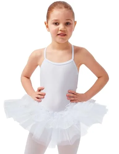 tanzmuster Kinder Ballett Trikot mit Tutu Antonia mit 3-lagigem Tüll und Einer Lage Spitze. EIN Zauberhaftes Ballettkleid für Mädchen in weiß, Größe:140/146
