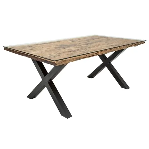 invicta INTERIOR Massiver Esstisch Barracuda 180cm mit Glasplatte - Esszimmertisch aus antikem Teakholz und robustem Edelstahl-X-Gestell, bietet eine beeindruckende Maserung und eine stilvolle Ablagefläche durch die Sicherheitsglasplatte.