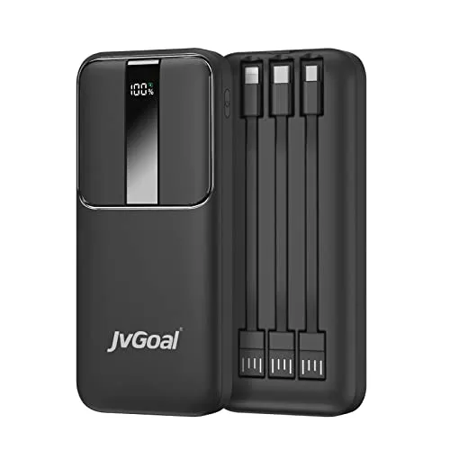 JvGoal 10000mAh Power Bank 22.5W Schnellladung PD QC 3.0 mit eingebauten Kabeln USB-C Tragbares Ladegerät 3 Ausgänge 2 Eingänge LED Display Externer Akku für Smartphone Tablet