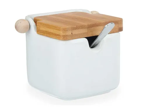 Zuckerbehälter Zuckerdose Gewürzdose weiß Bambusdeckel Löffel Salzdose 8x7x10 cm