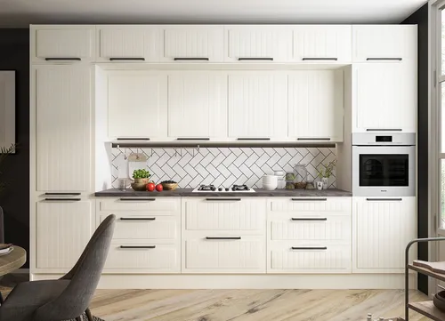 Küchenzeile LIVORNO 360cm - Mediterrane Einbauküche in Weiß - Einbauküche im mediterranen Landhaus-Look mit 15 Teilen, inklusive 8 Schubladen mit HETTICH-Vollauszug und Soft-Close-Funktion für leises Schließen.